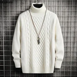 2024 Pria Musim Dingin Hangat Turtleneck Sweater Rajutan Tebal Pullover Sweater Kasual Leher Tinggi Rajutan Warna Solid Jumper kanggo Pria