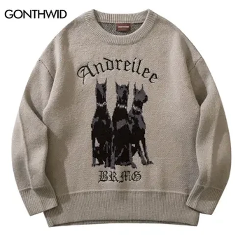 Nam Vintage Áo Len Y2K Dạo Phố Hip Hop Vintage Dệt Kim Chó Doberman Áo Len Thu Đông Bông Tai Kẹp Thời Trang Retro Cổ Áo Len
