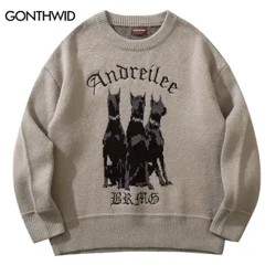Nam Vintage Áo Len Y2K Dạo Phố Hip Hop Vintage Dệt Kim Chó Doberman Áo Len Thu Đông Bông Tai Kẹp Thời Trang Retro Cổ Áo Len