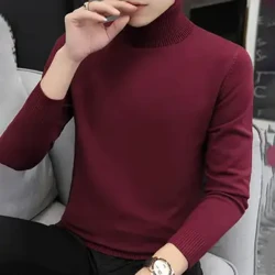 Suéter de manga larga para hombre, Jersey elástico de cuello alto de Color sólido, camisa de parte baja de punto ajustada para otoño e invierno, para exteriores