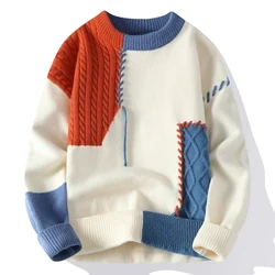 Ekwindla Abesilisa Abalukiweyo Basebusika Ama-Sweater Emfashini O Patchwork O Entanyeni Abalukiweyo Abadonsa Izingubo Zase-Korea ze-Streetwear I-Pullover Yabesilisa Abavamile Izingubo