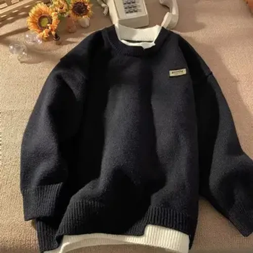 Mænd Efterår Vinter Loose Fit Sweater O-hals Langærmede Falske To Deles Strikkeoverdele Tykkede Varme Pullovere Toppe