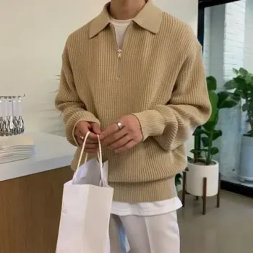 Stíl Mheiriceánach Seanréalta Léine Polo Cniotáilte Loose-fit Fir Muinchille Fada Barr Lapel Geansaí Jacket Ard-deireadh Éadaí Seachtrach Ócáideacha