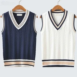 Áo Len Vest Nam Làm Dày Cổ Chữ V Áo Len Dệt Kim Áo Sọc Retro Cách Học Đơn Giản Sang Trọng Rời Thường Ngày Tất Cả Trận Đấu