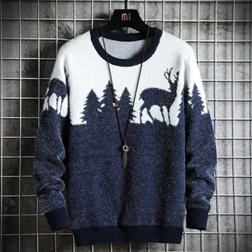 Musim Gugur Musim Dingin Natal Sweater Pria Pullover Rusa Cetak Rajutan Sweater Unisex Pria Wanita Lucu Natal Sweater