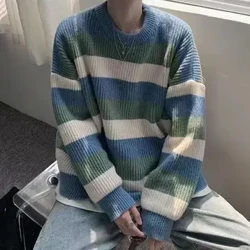 Siwmper siwmper streipiog rownd gwddf siwmper siwmper streipiog lliw dynion siwmper gwau trwchus cynnes O gwddf siwmper ar gyfer Fall Gaeaf meddal