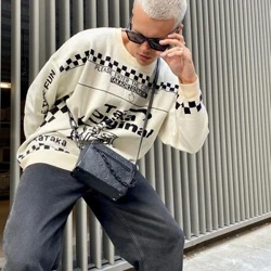 Siwmper Dynion Rhy fawr Patrwm Retro Rhydd Harajuku Siwmper Llewys Hir Top O-Wddf Gaeaf Y2k Dillad Stryd Siwmper Gweu Dillad