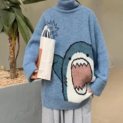 Stilvoller Herren-Winterpullover, Pullover mit hohem Kragen, Frühlingspullover, Herbstpullover mit Cartoon-Hai-Print