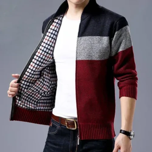 Dynion Aberteifi Hydref Gaeaf Cadw'n Gynnes Trwchus Ffasiwn Gwau Siwmper Côt Pwytho Colorblock Stand Coler Zipper Cotiau Siacedi