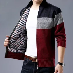 Männer Cardigan Hierscht Wanter Warm Déck Moud Stréck Pullover Mantel Stitching Colorblock Stand Kraang Zipper Coats Jacken