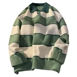 Herren, warmer Herbst- und Winterpullover, Revers, Knöpfe, Ausschnitt, langärmelige Strickoberteile, lockere Passform, Pullover mit Streifenmuster, Strickwaren