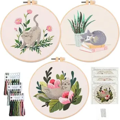 Diy Cat Embroidery Starter Kit Racks Frame With Embroidery Hoops Threads Needles Cross Stitch Kit Para sa Mga Nagsisimula Sining at Craft