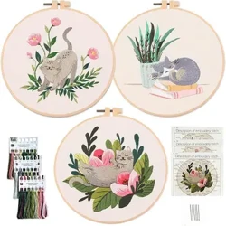 Diy Cat Bordir Starter Kit Rak Bingkai dengan Bordir Hoops Benang Jarum Cross Stitch Kit Kanggo Pemula Seni & Kerajinan