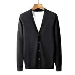 Cardigan pentru bărbați, cu mânecă lungă, cu decolteu în V, slim fit, cu un singur piept, de culoare uni, ține la cald Tricoturi, primăvară, toamnă, pulover pentru bărbați, haină tricotată