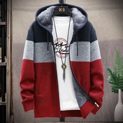 Herren Strickjacke Kapuzenpullover Herbst Winter Neue Mode Herrenbekleidung Nähfarbe Plus Samt Verdickung Schlanke Jacke Mantel