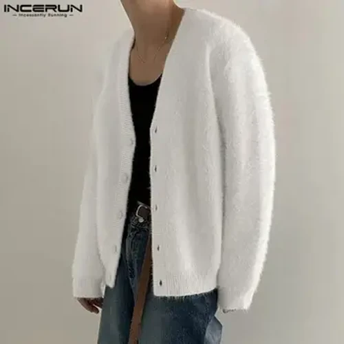 INCERUN Erkek Kazak Düz Renk Peluş V Yaka Uzun Kollu Moda Rahat Hırka Erkekler Streetweed 2024 Eğlence Örme Giyim