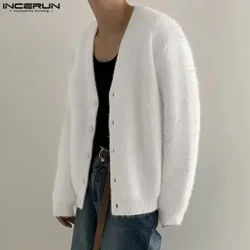 INCERUN Herrtröjor Enfärgad plysch V-hals Långärmad Mode Fritidskofta Herr Streetwear 2024 Fritidsstickade ytterkläder