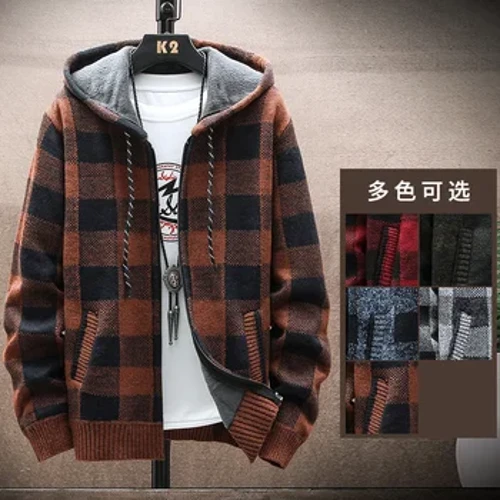 Novo inverno xadrez camisola com capuz cardigan casaco frio lã com zíper jaqueta outono velo roupas quentes xadrez malha jumper