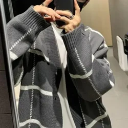 Musim Gugur Musim Dingin Sweater Cardigan Pria V-neck Lengan Panjang Kotak-kotak Cetak Pakaian Rajut Cardigan Single Breasted Longgar Sweater Mantel