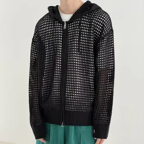Gebreid herenjack Stijlvol hiphopvest voor heren met uitgeholde capuchon, ritssluiting met lange mouwen, effen kleur voor de herfst