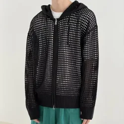 Men Knitted Jacket Stylish Men's Hip Hop Cardigan Jacket with Hollow Out Hood Long Sleeve Zipper Closure Solid Color for Fall