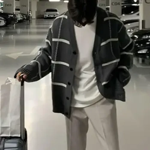 Erkekler Üzüm Trikotawear Kardigan Ajaýyp Erkekleriň V boýny Plaid Çap Kardigan Switer Palto Güýz Gyş Tötänleýin Köçe eşikleri Lýuks