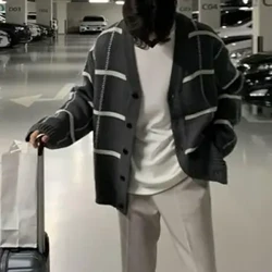 Erkekler Üzüm Trikotawear Kardigan Ajaýyp Erkekleriň V boýny Plaid Çap Kardigan Switer Palto Güýz Gyş Tötänleýin Köçe eşikleri Lýuks