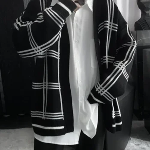 Chandails tricotés pour hommes col en V homme vêtements Cardigan à carreaux noir Y2k Streetwear épais hiver commande décontracté coréen automne coton S