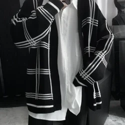 Chandails tricotés pour hommes col en V homme vêtements Cardigan à carreaux noir Y2k Streetwear épais hiver commande décontracté coréen automne coton S