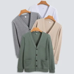 BROWON-suéter tejido nuevos para hombre, cárdigan liso informal, ropa para hombre, moda coreana, suéter con cuello en V 80% algodón 2024