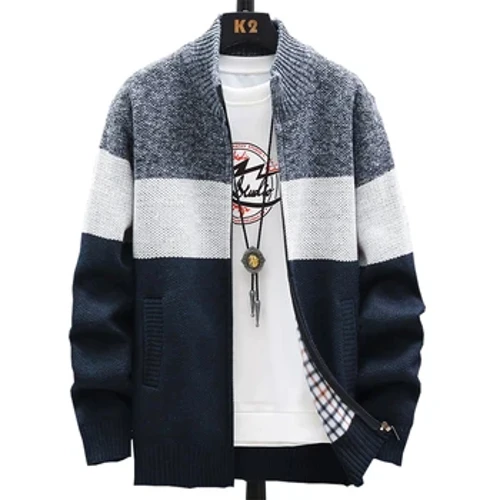Ανδρικό πουλόβερ Winter 2023 Add Velvet Cardigan Patchwork Color Stand Αντρικό φερμουάρ Πλεκτό χοντρό ζεστό πουλόβερ