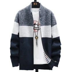 2023 Vinter Herrtröja Add Velvet Cardigan Patchwork Färg Stativ krage Man Casual Dragkedja Stickad Tjock Varm tröja
