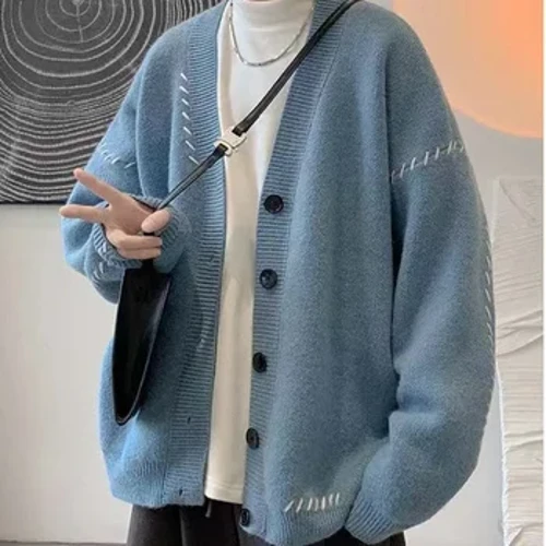 Mùa Thu Áo Len Cardigan Cổ Chữ V Nam Nữ Dạo Phố Lười Biếng Phong Cách Vintage Hàn Quốc Nón Kết Nam Nữ Áo Khoác Thương Hiệu Thời Trang Nam Cardigan