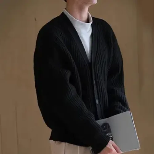 Suéter informal para hombre, cárdigan de punto grueso con cuello en V, abrigo para invierno y otoño, de un solo pecho con botones, Color sólido