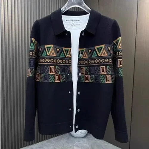 Îmbrăcăminte pentru bărbați Cardigan Pulover din tricot negru cu buton grafic pentru bărbați, fără hanorac Moda coreeană, supra-ajustat, largi, Old Street Maletry Gât X