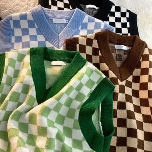Nam Checkerboard Kẻ Sọc Cổ Chữ V Dệt Kim Áo Vest Nữ Mùa Xuân, Mùa Thu Rời Cặp Đôi Áo Len Áo Khoác Không Tay Áo Cổ Áo