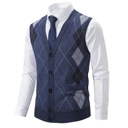 Spring Autumn Male Vest Walang manggas na Sweater Fleece Warm Knitted Jackets Checkered Business Casual Button Up Coat Damit ng Lalaki