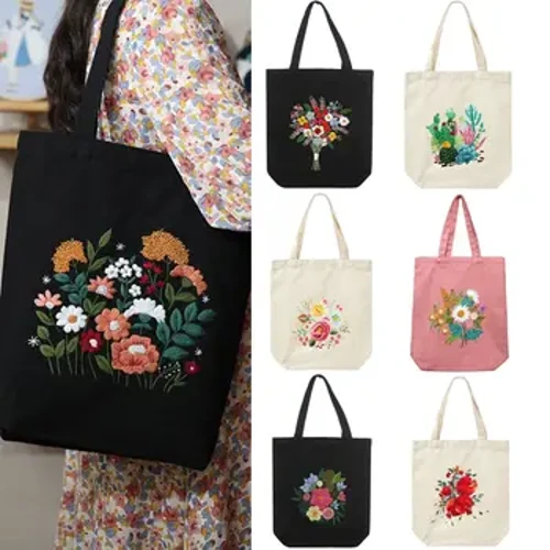 1Set DIY Canvas Tote Bag Embroidery Kit na May Mga Tagubilin sa Pattern ng Bulaklak DIY Arts Crafts Supplies Beginners Needlepoint Kits