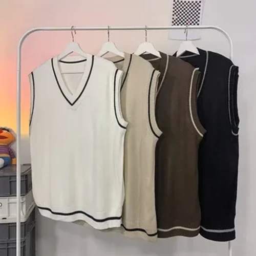 Pavasara vīriešu apģērbi Luksusa adīta veste džemperis Retro V kakla izgriezums bez piedurknēm Stilīgs vintage vienkrāsains brīvā laika trikotāža