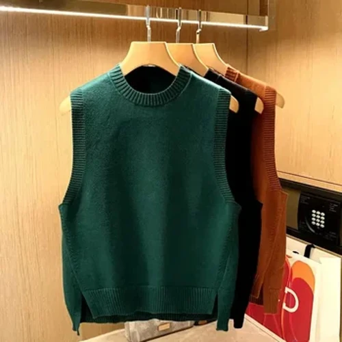 Strick Pullover Männlech Slit Männer Kleeder Vest Massiv Faarf Crewneck Ronn Kraang Einfach Ärmlos Japanesch Retro Waistcoat Overfit V
