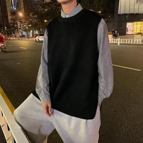 I-Round Collar Waistcoat Izingubo Zomuntu Omnyama Izingubo ZakwaCrewneck Ezinikiwe Ezingenamikhono Zamadoda Izigqoko Zendwangu Ye-Vest Y2k I-Vintage Loose Fit Wool