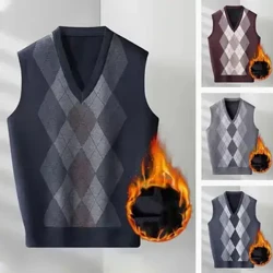 Herren Pulloverweste Herren Rhombus Print V-Ausschnitt Pulloverweste Gemütlich Herbst/Winter Ärmellos Strick Warm Applikation Pullover Weich für Frühling