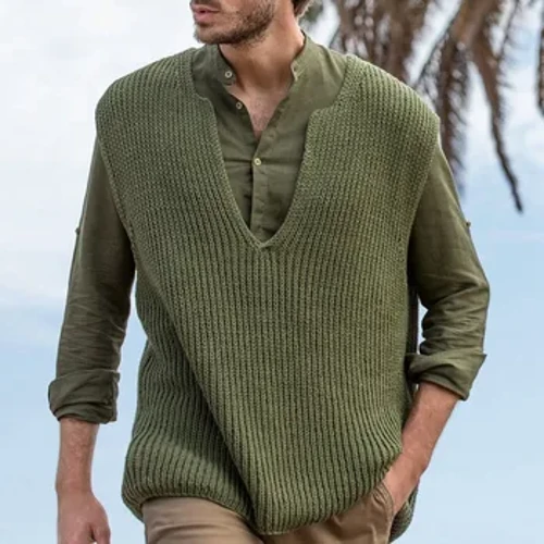 Nam Cao Cấp Dệt Kim Chui Đầu Áo Vest Nam Dạo Phố Màu Cổ V Không Tay Rời Phong Cách Vintage Nón Kết Nam Nữ