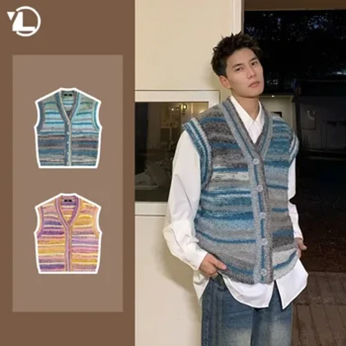 Stripete Fargeblokkerende Genser Vest Herre American Vintage Ermeløs Herre Cardigan Single Breasted V-hals Strikketopper Trend