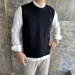 Erkekler için Örme Kazaklar Yelek Kolsuz Erkek Giysileri Düğmeler Yarık Yeşil Yelek 90'lar Vintage Sokak Tasarımcısı Lüks Overfit X A