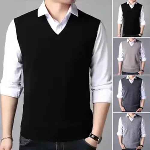 Knitted Vest Versatile Mid-aged Men's Knitted Sweater Vest Solid Color V-neck Pullover para sa Spring/Autumn Slim Fit Ribbed Cuffs