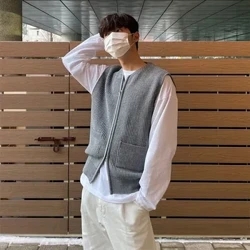 Rajutan Zipper Cardigan Sweater Rompi Pria Tanpa Lengan Kasual Longgar Streetwear O Leher Warna Solid Mantel Pakaian Mewah