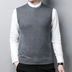 Slim Fit, ärmlös stickad ull, äldre tröja för män, stickad linne, enfärgad topp Fritidströja för män