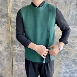 Đồng Màu Áo Len Dệt Kim Cho Nam Xanh Không Áo hoodie Cổ Tròn Người Quần Áo Cổ Tròn Áo Vest Không Tay Trơn Đặt Hàng Vui Vẻ