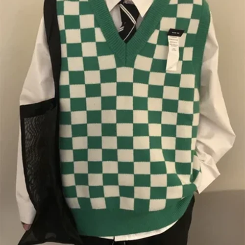 Rompi Kotak-kotak Hijau V Leher Tanpa Lengan Sweater Rajutan untuk Pria Pria Hitam Pakaian Rompi Katun Jelek Tarik Kebesaran Sheap T Shirt